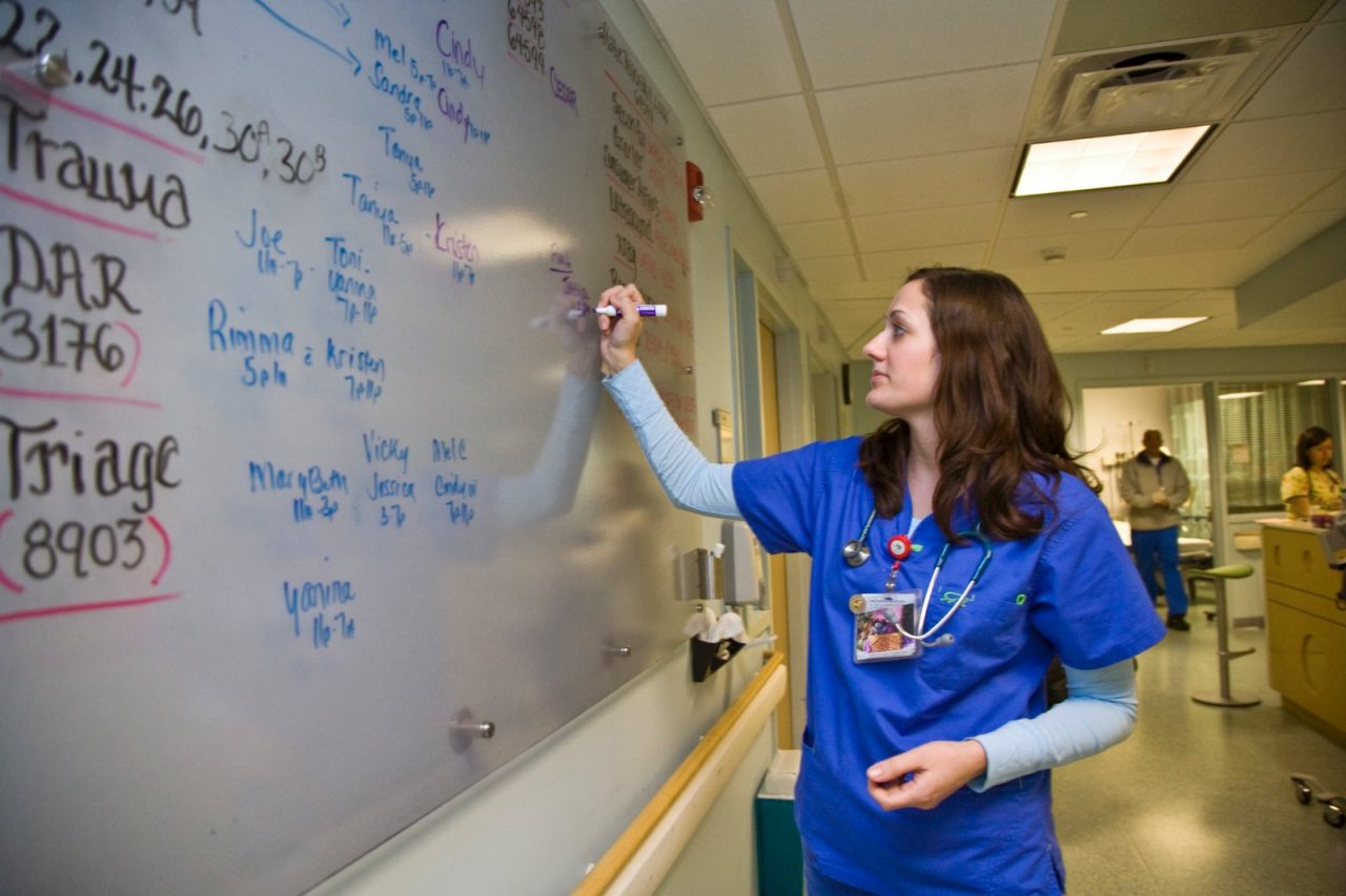 Dr. Shelly Gruenbacher takes a call at Bluestem Medical Center in Quinter, Kansas.