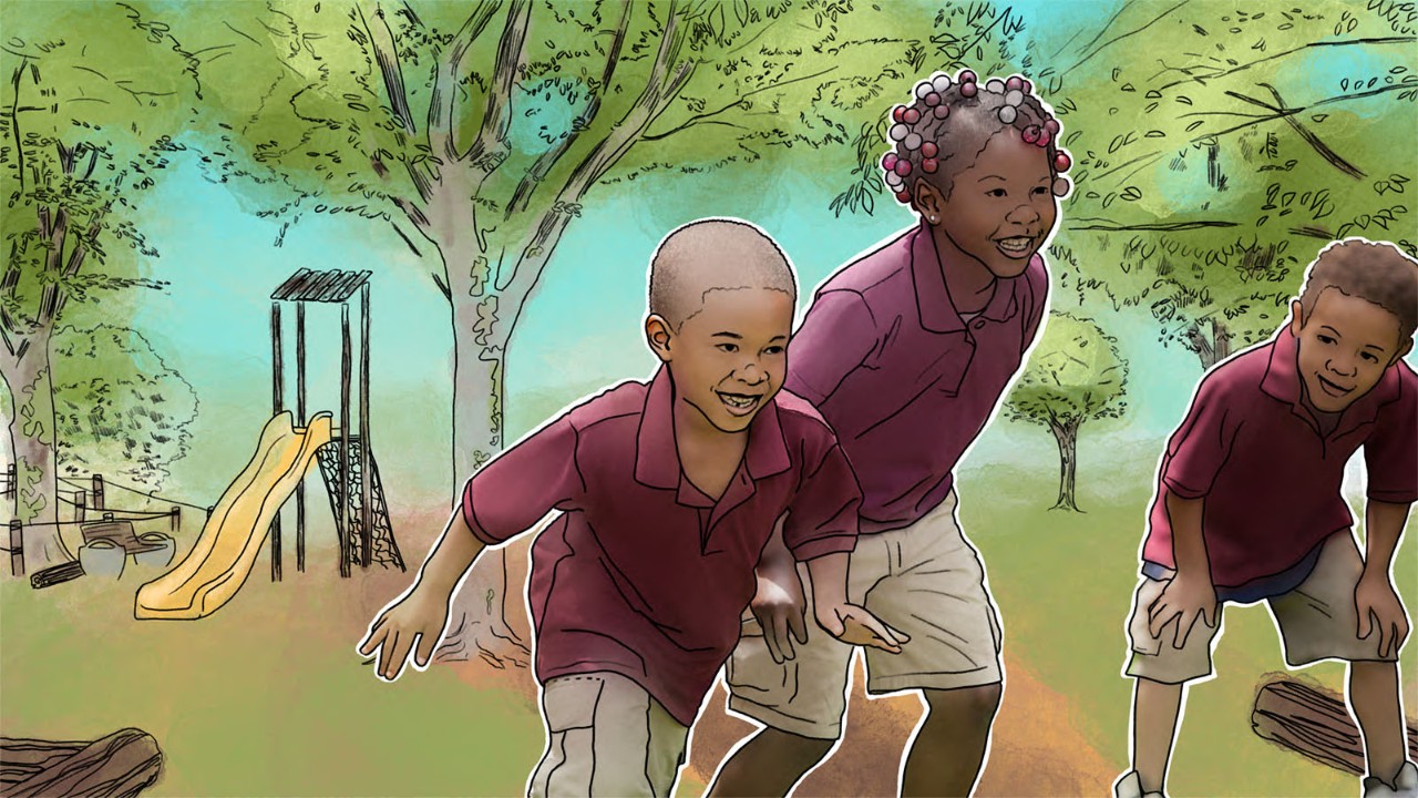 Three children playing in park illustration.