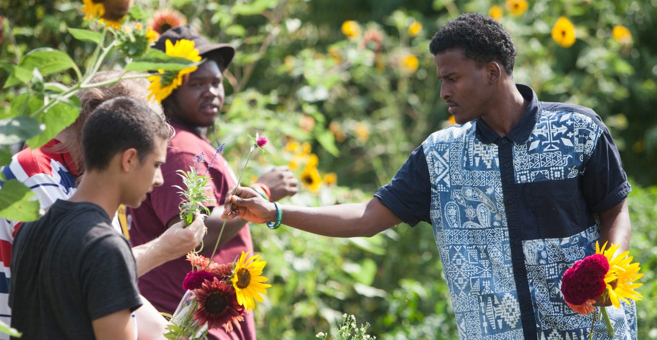 Young adults picking flowers in a community garden.