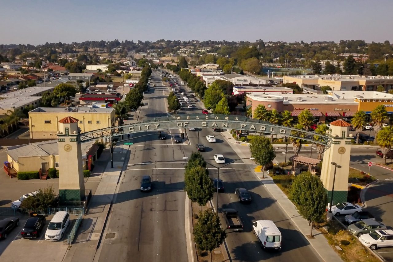 The San Pablo gateway arch sign on San Pablo Ave. Viewed from a drone.