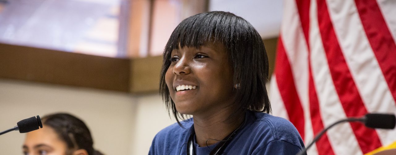 Liliana Bernal (left) and Kimyatta Newby (right) at a meeting of The San Pablo Youth Commission in the San Pablo City Council chambers. 
Launched seven years ago, the group is an example of how San Pablo is cultivating a new generation of leaders and engaging younger people in the direction of their community. It’s seen as an investment in the city’s quality of life, both present and future. 
The group advocates for young people: For Example: on lowering the voting age, it sent a letter of support to legislators in Sacramento and got the San Pablo City Council to back up its position.
