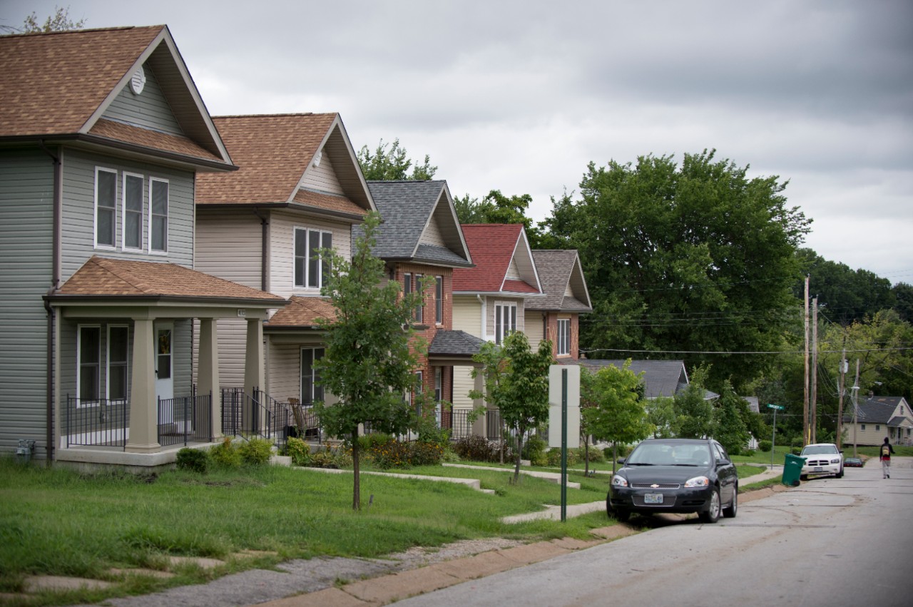 Single family homes line Beachwood Ave. in 24:1 community Pine Lawn. The homes, built by Beyond Housing, replaced dilapidated properties and offered affordable housing starting in 2012. 