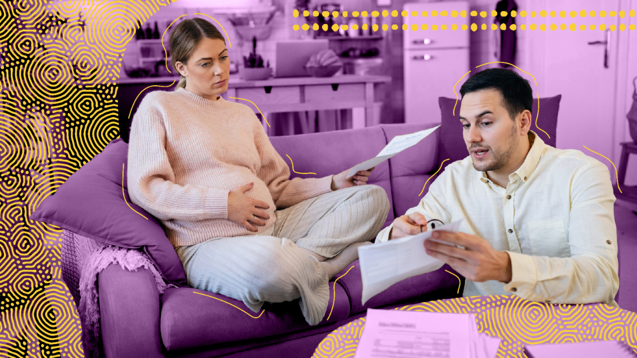 A pregnant woman and her husband preparing their taxes.